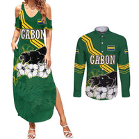 Gabon Couples Matching Summer Maxi Dress and Long Sleeve Button Shirt with Black Panther Graphic and Hibiscus Flower Design in National Colors