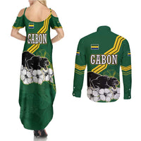 Gabon Couples Matching Summer Maxi Dress and Long Sleeve Button Shirt with Black Panther Graphic and Hibiscus Flower Design in National Colors