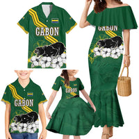 Gabon Family Matching Mermaid Dress and Hawaiian Shirt with Black Panther Graphic and Hibiscus Flower Design in National Colors