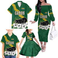 Gabon Family Matching Off The Shoulder Long Sleeve Dress and Hawaiian Shirt with Black Panther Graphic and Hibiscus Flower Design in National Colors