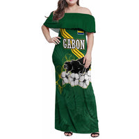 Gabon Family Matching Off Shoulder Maxi Dress and Hawaiian Shirt with Black Panther Graphic and Hibiscus Flower Design in National Colors