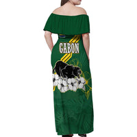 Gabon Family Matching Off Shoulder Maxi Dress and Hawaiian Shirt with Black Panther Graphic and Hibiscus Flower Design in National Colors