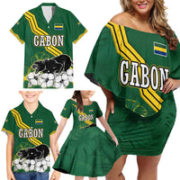 Gabon Family Matching Off Shoulder Short Dress and Hawaiian Shirt with Black Panther Graphic and Hibiscus Flower Design in National Colors