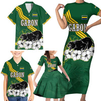 Gabon Family Matching Short Sleeve Bodycon Dress and Hawaiian Shirt with Black Panther Graphic and Hibiscus Flower Design in National Colors