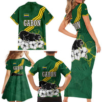 Gabon Family Matching Short Sleeve Bodycon Dress and Hawaiian Shirt with Black Panther Graphic and Hibiscus Flower Design in National Colors