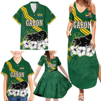 Gabon Family Matching Summer Maxi Dress and Hawaiian Shirt with Black Panther Graphic and Hibiscus Flower Design in National Colors