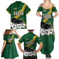 Gabon Family Matching Summer Maxi Dress and Hawaiian Shirt with Black Panther Graphic and Hibiscus Flower Design in National Colors