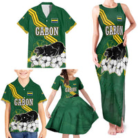 Gabon Family Matching Tank Maxi Dress and Hawaiian Shirt with Black Panther Graphic and Hibiscus Flower Design in National Colors