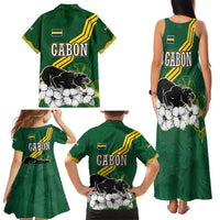Gabon Family Matching Tank Maxi Dress and Hawaiian Shirt with Black Panther Graphic and Hibiscus Flower Design in National Colors