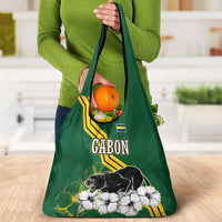 Gabon Grocery Bag with Black Panther Graphic and Hibiscus Flower Design in National Colors