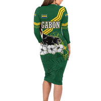 Gabon Long Sleeve Bodycon Dress with Black Panther Graphic and Hibiscus Flower Design in National Colors