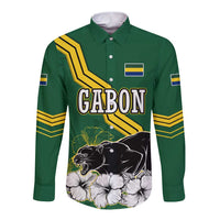 Gabon Long Sleeve Button Shirt with Black Panther Graphic and Hibiscus Flower Design in National Colors
