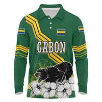 Gabon Long Sleeve Polo Shirt with Black Panther Graphic and Hibiscus Flower Design in National Colors