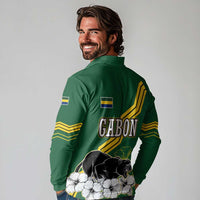 Gabon Long Sleeve Polo Shirt with Black Panther Graphic and Hibiscus Flower Design in National Colors