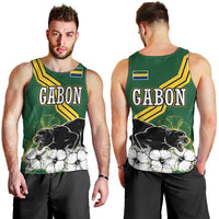 Gabon Men Tank Top with Black Panther Graphic and Hibiscus Flower Design in National Colors
