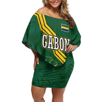 Gabon Off Shoulder Short Dress with Black Panther Graphic and Hibiscus Flower Design in National Colors