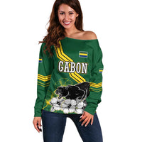 Gabon Off Shoulder Sweater with Black Panther Graphic and Hibiscus Flower Design in National Colors