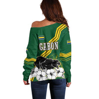 Gabon Off Shoulder Sweater with Black Panther Graphic and Hibiscus Flower Design in National Colors