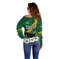 Gabon Off Shoulder Sweater with Black Panther Graphic and Hibiscus Flower Design in National Colors