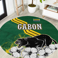 Gabon Round Carpet with Black Panther Graphic and Hibiscus Flower Design in National Colors