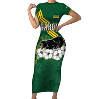 Gabon Short Sleeve Bodycon Dress with Black Panther Graphic and Hibiscus Flower Design in National Colors