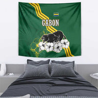 Gabon Tapestry with Black Panther Graphic and Hibiscus Flower Design in National Colors