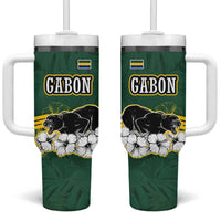 Gabon Tumbler With Handle with Black Panther Graphic and Hibiscus Flower Design in National Colors