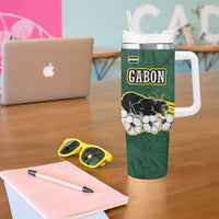 Gabon Tumbler With Handle with Black Panther Graphic and Hibiscus Flower Design in National Colors