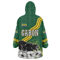 Gabon Wearable Blanket Hoodie with Black Panther Graphic and Hibiscus Flower Design in National Colors
