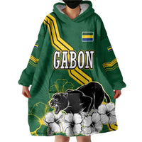 Gabon Wearable Blanket Hoodie with Black Panther Graphic and Hibiscus Flower Design in National Colors