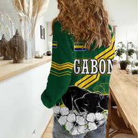 Gabon Women Casual Shirt with Black Panther Graphic and Hibiscus Flower Design in National Colors