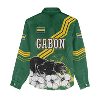 Gabon Women Casual Shirt with Black Panther Graphic and Hibiscus Flower Design in National Colors