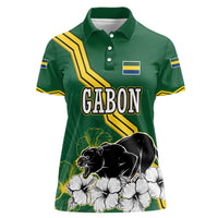 Gabon Women Polo Shirt with Black Panther Graphic and Hibiscus Flower Design in National Colors