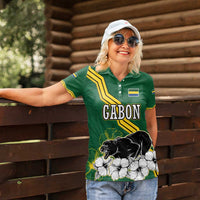 Gabon Women Polo Shirt with Black Panther Graphic and Hibiscus Flower Design in National Colors