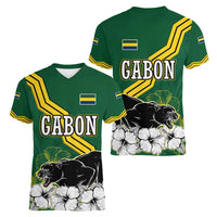 Gabon Women V-Neck T-Shirt with Black Panther Graphic and Hibiscus Flower Design in National Colors