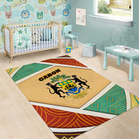 Gabon Area Rug with National Coat of Arms and Tribal Pattern Map Design in Bold Colors