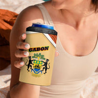 Gabon 4 in 1 Can Cooler Tumbler with National Coat of Arms and Tribal Pattern Map Design in Bold Colors