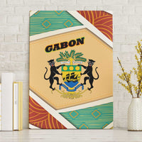 Gabon Canvas Wall Art with National Coat of Arms and Tribal Pattern Map Design in Bold Colors