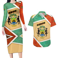 Gabon Couples Matching Long Sleeve Bodycon Dress and Hawaiian Shirt with National Coat of Arms and Tribal Pattern Map Design in Bold Colors