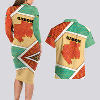 Gabon Couples Matching Long Sleeve Bodycon Dress and Hawaiian Shirt with National Coat of Arms and Tribal Pattern Map Design in Bold Colors