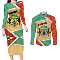 Gabon Couples Matching Long Sleeve Bodycon Dress and Long Sleeve Button Shirt with National Coat of Arms and Tribal Pattern Map Design in Bold Colors