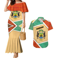 Gabon Couples Matching Mermaid Dress and Hawaiian Shirt with National Coat of Arms and Tribal Pattern Map Design in Bold Colors