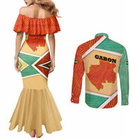 Gabon Couples Matching Mermaid Dress and Long Sleeve Button Shirt with National Coat of Arms and Tribal Pattern Map Design in Bold Colors