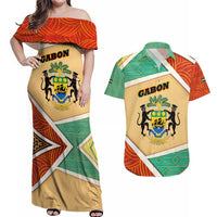 Gabon Couples Matching Off Shoulder Maxi Dress and Hawaiian Shirt with National Coat of Arms and Tribal Pattern Map Design in Bold Colors