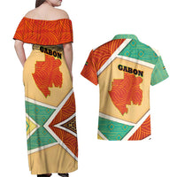Gabon Couples Matching Off Shoulder Maxi Dress and Hawaiian Shirt with National Coat of Arms and Tribal Pattern Map Design in Bold Colors