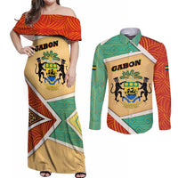 Gabon Couples Matching Off Shoulder Maxi Dress and Long Sleeve Button Shirt with National Coat of Arms and Tribal Pattern Map Design in Bold Colors