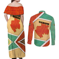Gabon Couples Matching Off Shoulder Maxi Dress and Long Sleeve Button Shirt with National Coat of Arms and Tribal Pattern Map Design in Bold Colors