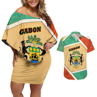 Gabon Couples Matching Off Shoulder Short Dress and Hawaiian Shirt with National Coat of Arms and Tribal Pattern Map Design in Bold Colors