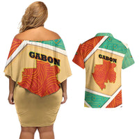 Gabon Couples Matching Off Shoulder Short Dress and Hawaiian Shirt with National Coat of Arms and Tribal Pattern Map Design in Bold Colors