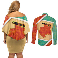 Gabon Couples Matching Off Shoulder Short Dress and Long Sleeve Button Shirt with National Coat of Arms and Tribal Pattern Map Design in Bold Colors